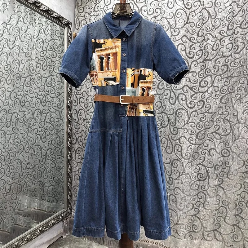 

Top Quality Denim Dress 2024 Spring Summer Style Women Vintage Prints Patchwork Short Sleeve Mid-Calf Casual Blue Jeans Dress