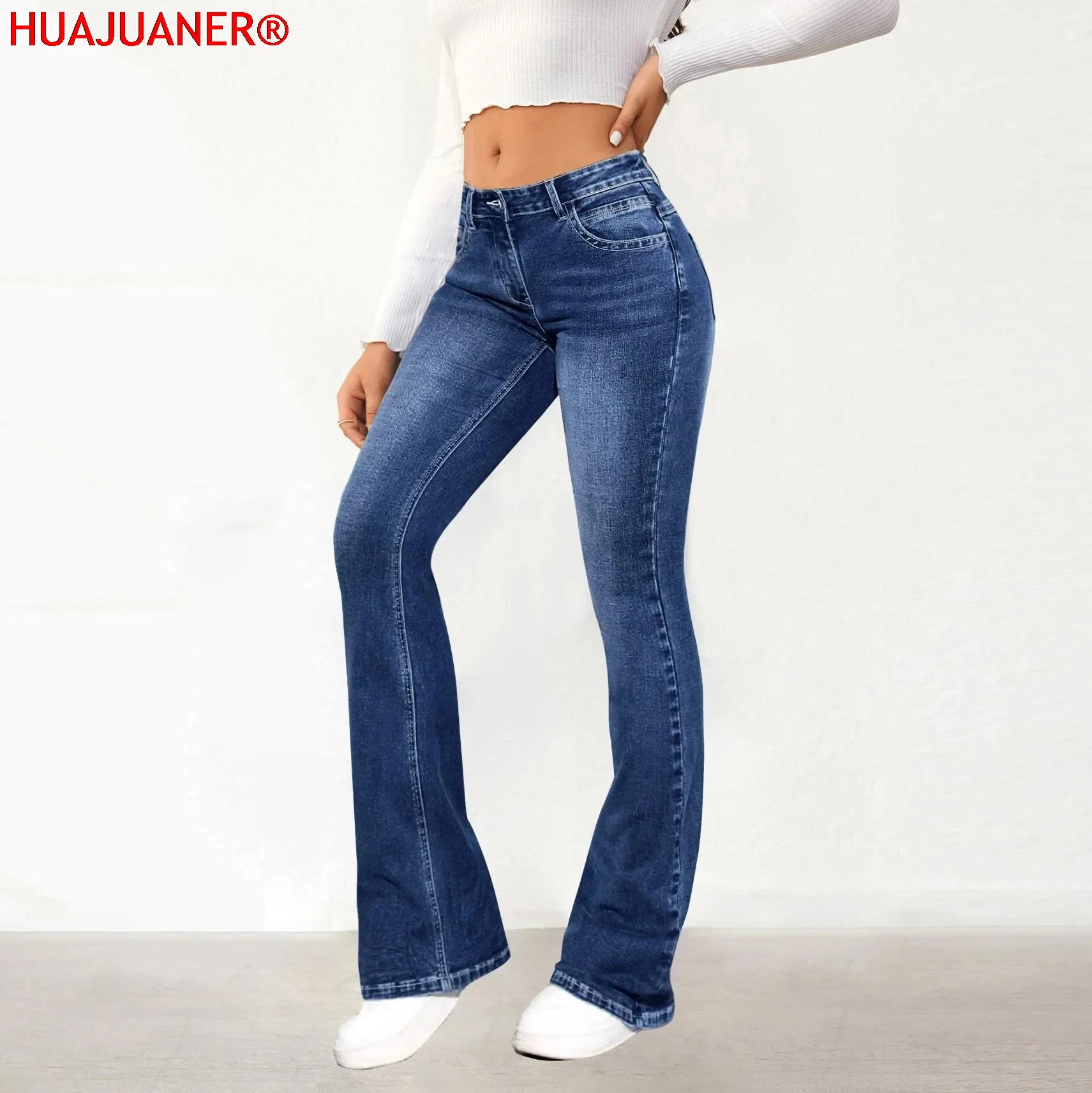 Women Jeans Slim Fit Flare Pants Denim Washing Pockets High Waist Solid Ankle Length Boot Cut Streetwear Casual Zipper Fly
