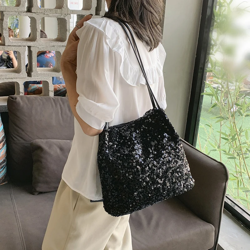 Women Bag Ladies Leisure Solid Color Totes Bag Large Capacity Sequins Handbag Luxury Sparkling Bucket Bag Women\'s Shoulder Bags