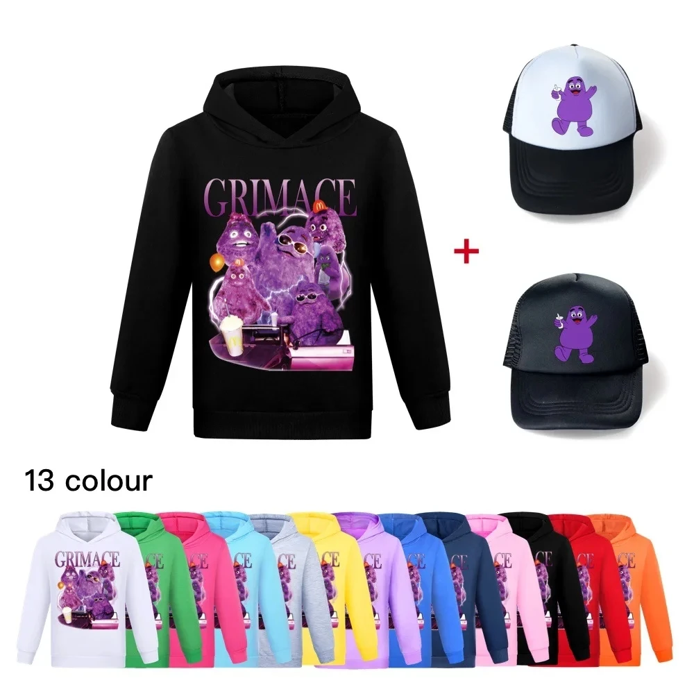 

2-16Y Grimace Shake Boys Hoodies Cartoon Pattern Autumn Outwear Children Sweatshirts for Kids Clothes+cap girl Boy Pullovers