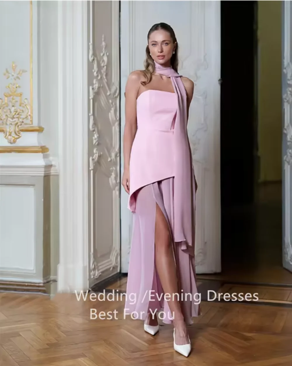 Abiti da sposa trasparenti Senza spalline Limo laterale A-Line Sciarpa lunga Abito da ballo da sposa Abito da sposa rosa blu personalizzato