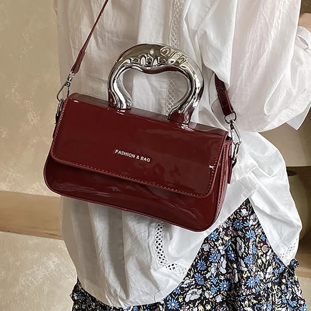Women's Trendy Glossy Oil Wax Crossbody Bag Contrast Color Handle Chic Handbags High Grade Texture Dating Commuter Shoulder Bags