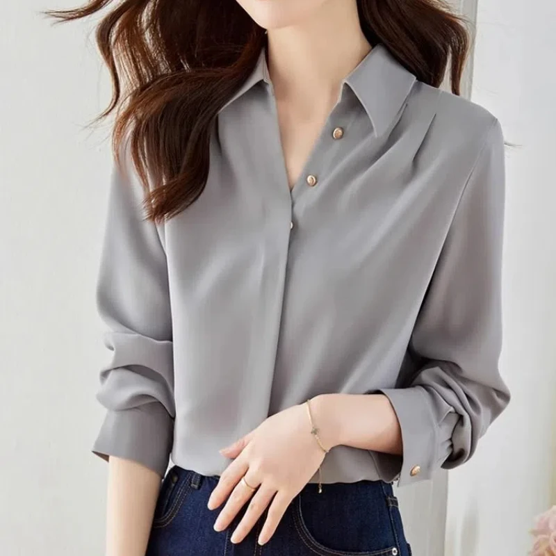 New Spring Autumn Long Sleeve Polo Neck Loose Office Blouse Solid Simplicity Elegant Shirt Tops Vintage Fashion Women Clothing
