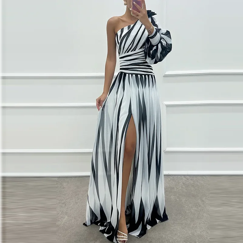Sexy Elegant Diagonal Collar Off Shoulder Split-Side Party Evening Dress Spring Printed Striped Bohemian Long Dress Off Women\'s