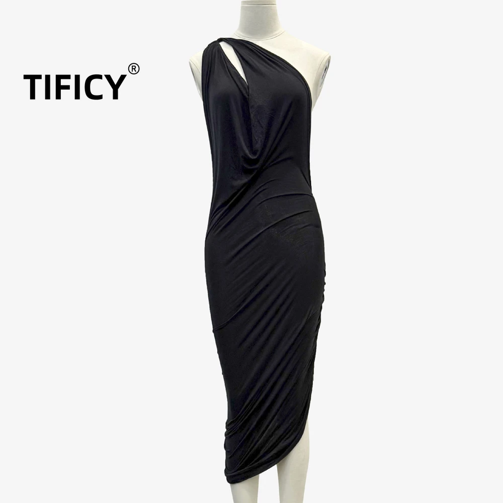 

High Street Sexy Dresses Women's Sexy Sloping Shoulder Elastic Slim Fit Pleated Hip Hugging Slim Dress Bodycon Dress