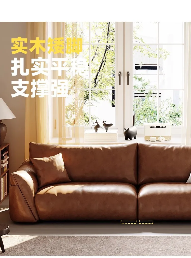 Retro style leather sofa living room small apartment straight three-person caramel color antique oil wax leather sofa