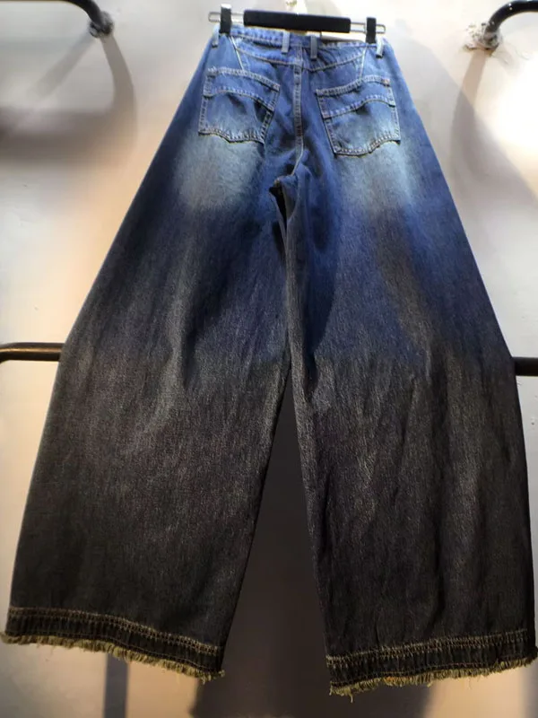Celana Jeans Wanita Model Lurus Kaki Lebar High Waist, Bahan Faux Brushed Ripped, Musim Gugur 2025