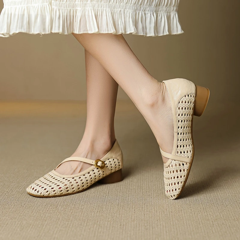 

NEW Spring/Autumn Women Pumps Rounde Toe Chunky Heel Shoes Genuine Leather Shoes for Women Concise Weave Buckle Mary Janes Shoes
