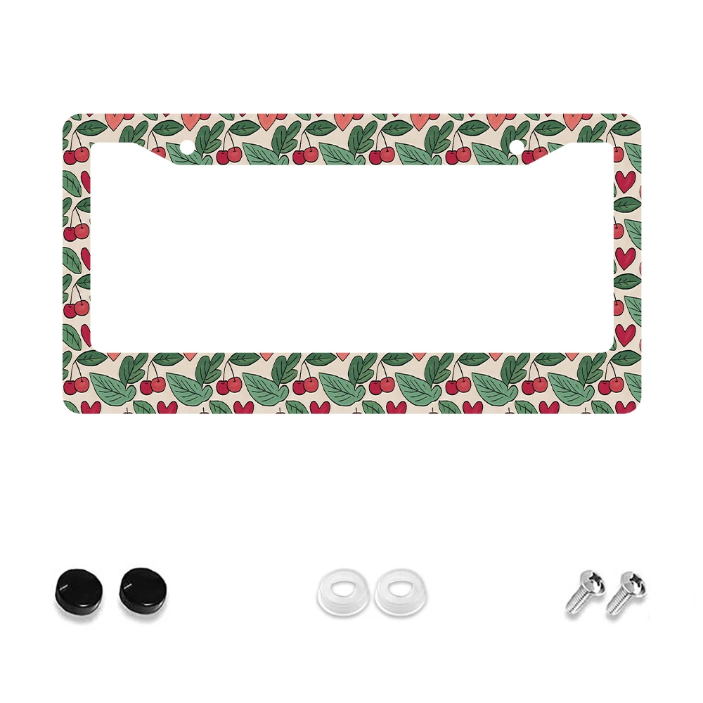 

1pc Retro Cherry Pattern 2-Hole License Plate Frame, Beige Color with Red Green Design, Aluminum Material, 6x12 Inches, Include