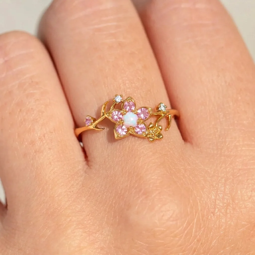 Modische rosa Zirkon-Blumen-Blatt-Ringe für Frauen, 18 Karat vergoldeter Flora-Ring, trendiger ästhetischer Schmuck für Hochzeiten und Partys, Geschenke