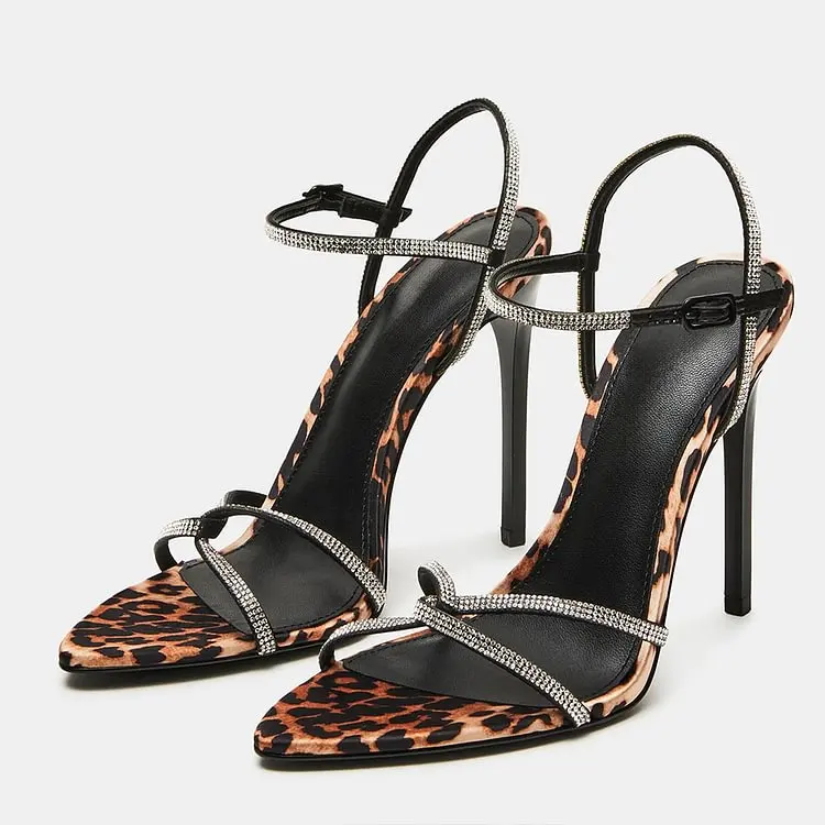 

Black & Brown Leopard Print Rhinestone Strappy High Heels Sandals