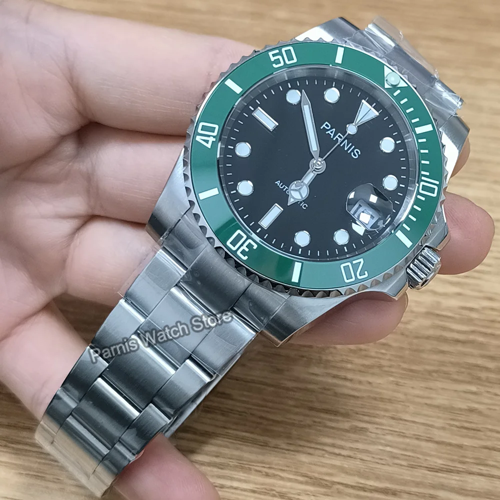 Parnis-reloj mecánico automático para hombre, cronógrafo de acero inoxidable con esfera negra, cristal de zafiro, calendario, 40mm