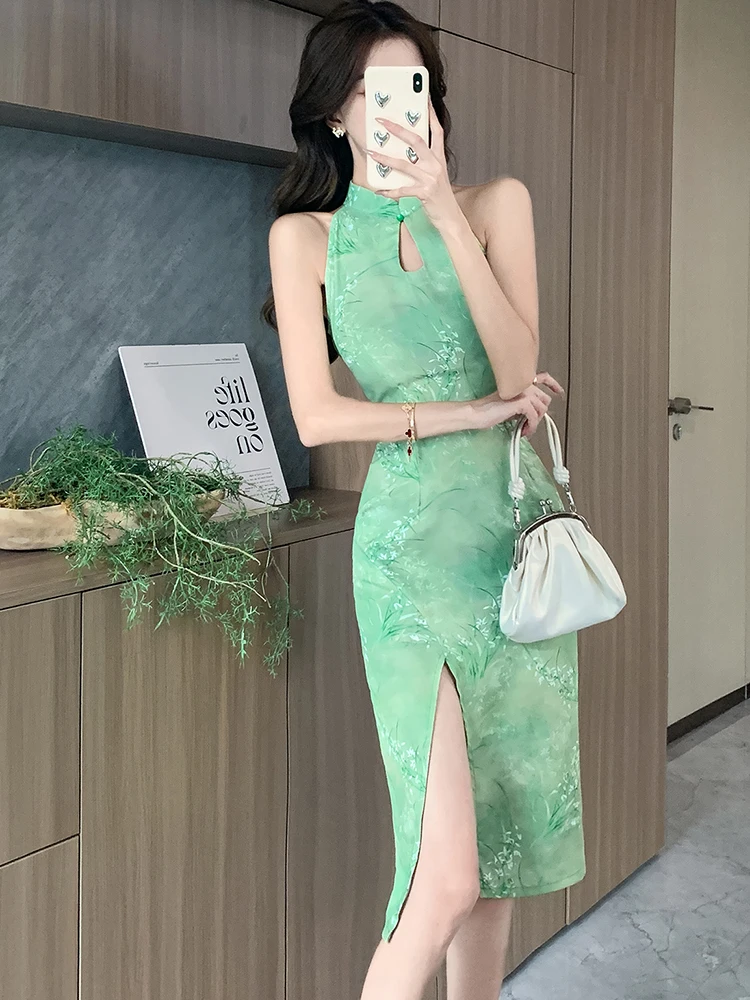 2024 New Green Floral Hollow Out Neck-mounted Dress Summer Elegant Casual Holiday Dress Women Korean Bodycon Festival Prom Dress