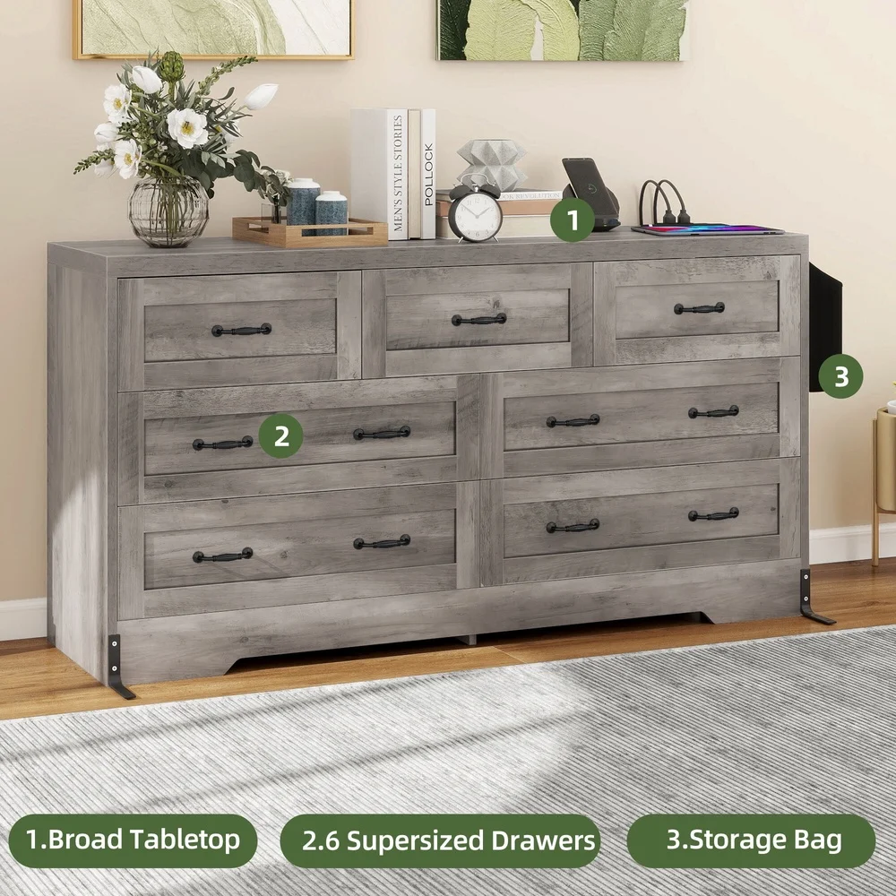 7 Drawer Wood Dresser Cabinet with USB Ports Power Outlets Spacious Storage Anti Tip Safety Features Home Use