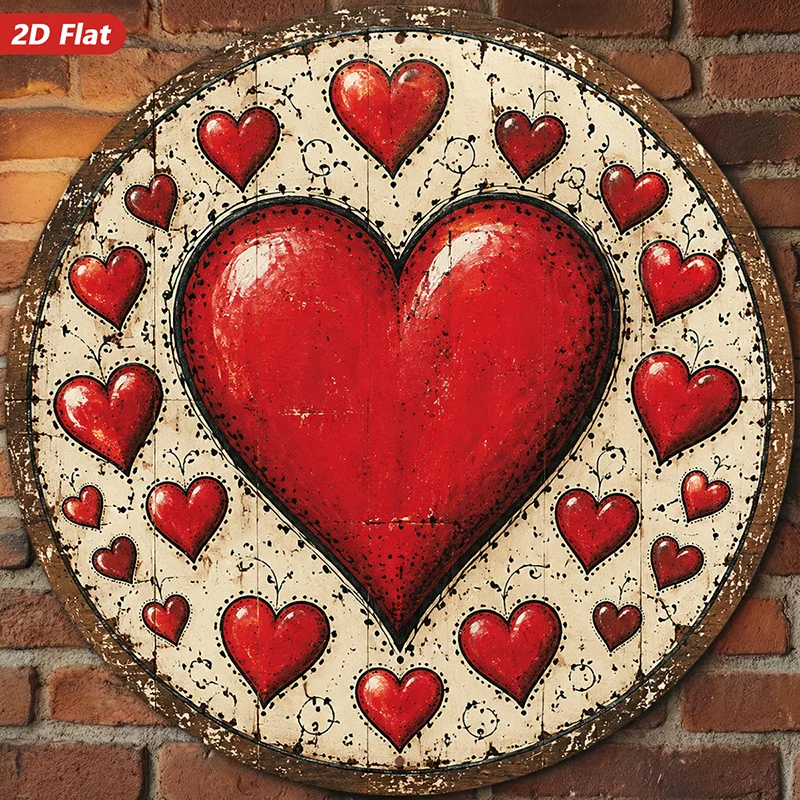 2D flat, 1 piece rustic style heart-shaped art round metal hanging sign wall decor, suitable for bedroom corners
