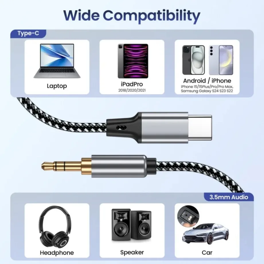 TABLLYUGE USB Type-C to 3.5mm Jack Aux Cable USB-C  Audio Adapter 1m/1.5m/2m for Phone Headphones Car Audio Connector Aux Cable