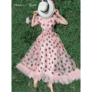 New in seal of strawberry mesh plusted maxi french style dress Deep V Puff Steeve sweet prince women's dress fashion night 10 Main Sales Strawberry Dress - №4