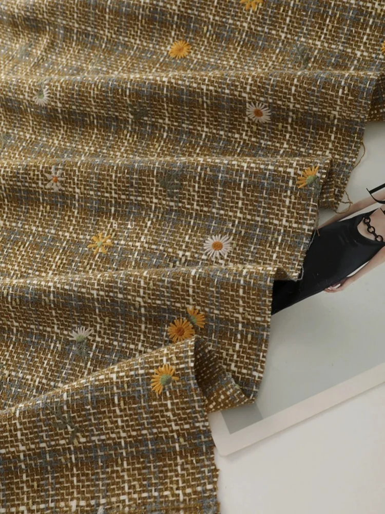 Cotton blend with checkered daisy embroidery and gold thread blended fabric for autumn and winter coat and dress.