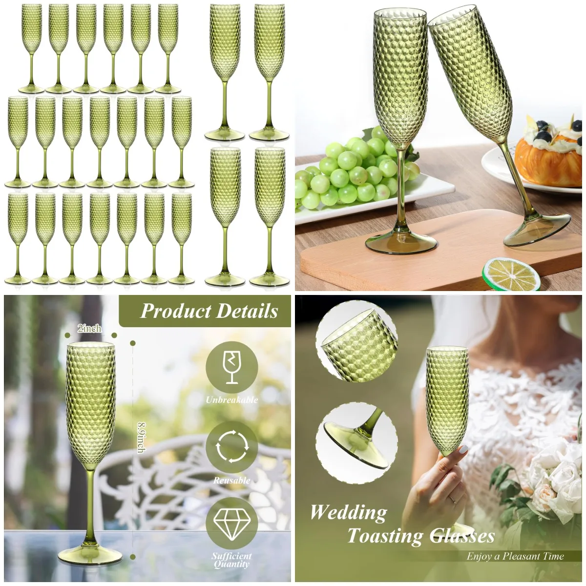 

Unbreakable Plastic Champagne Flutes 5.5 oz Green Wedding Toasting Glasses