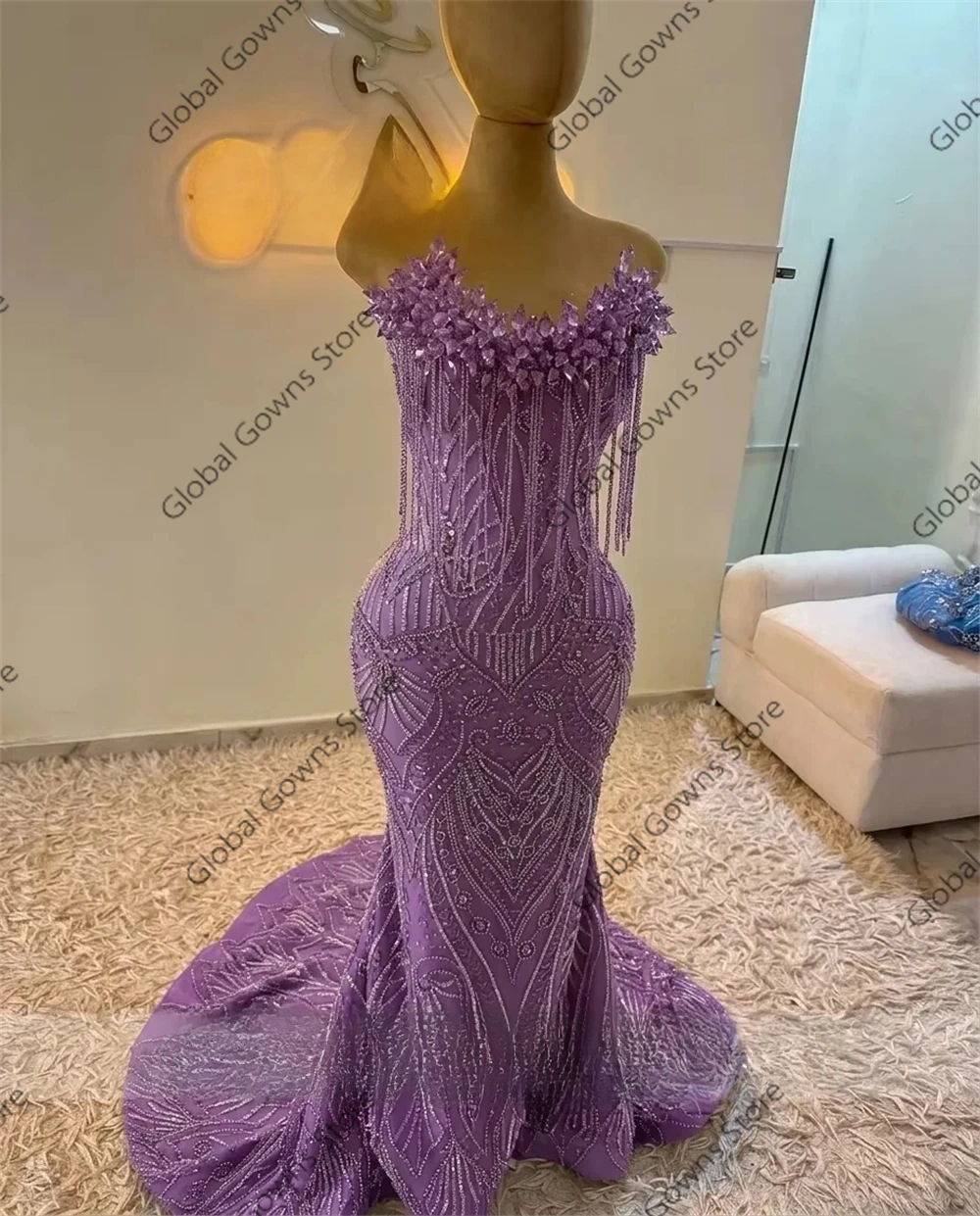 Purple Long Prom Dresses 2026 For Black Girls Corset Strapless Sequin Crystal Tassel Evening Gowns For Party Customized Robe De