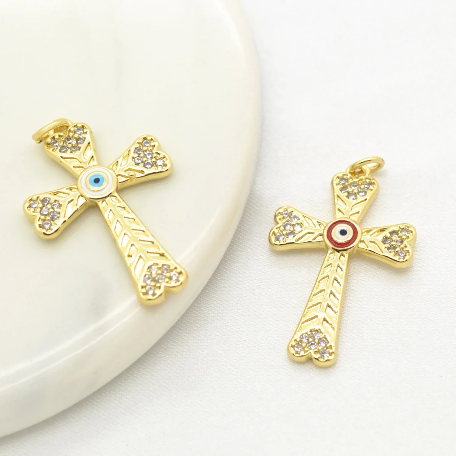 14 Pcs Enamel Evil Eye Cross Pendant for Diy Necklace Bracelet Making Micro Inlay Zircon Brass Plating Jewelry Charms Wholesale