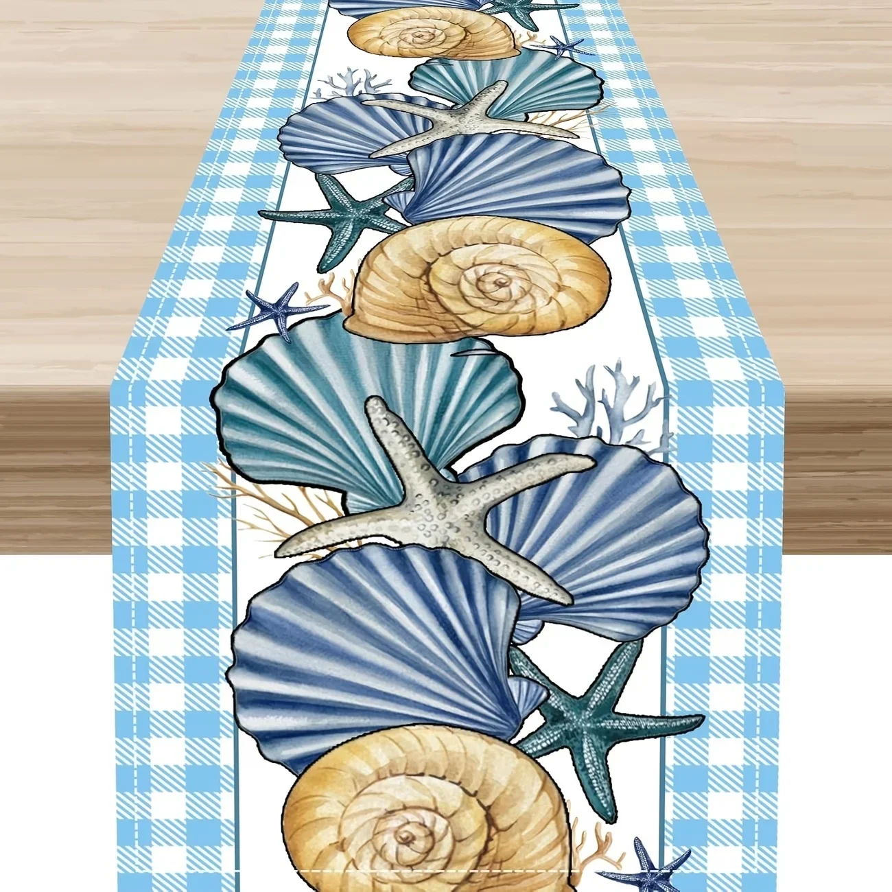 Linen Table Runner Summer Ocean Starfish Seashell Coral Blue Geometric Stripes Design,Dining Table Decor for Kitchen Home Decor