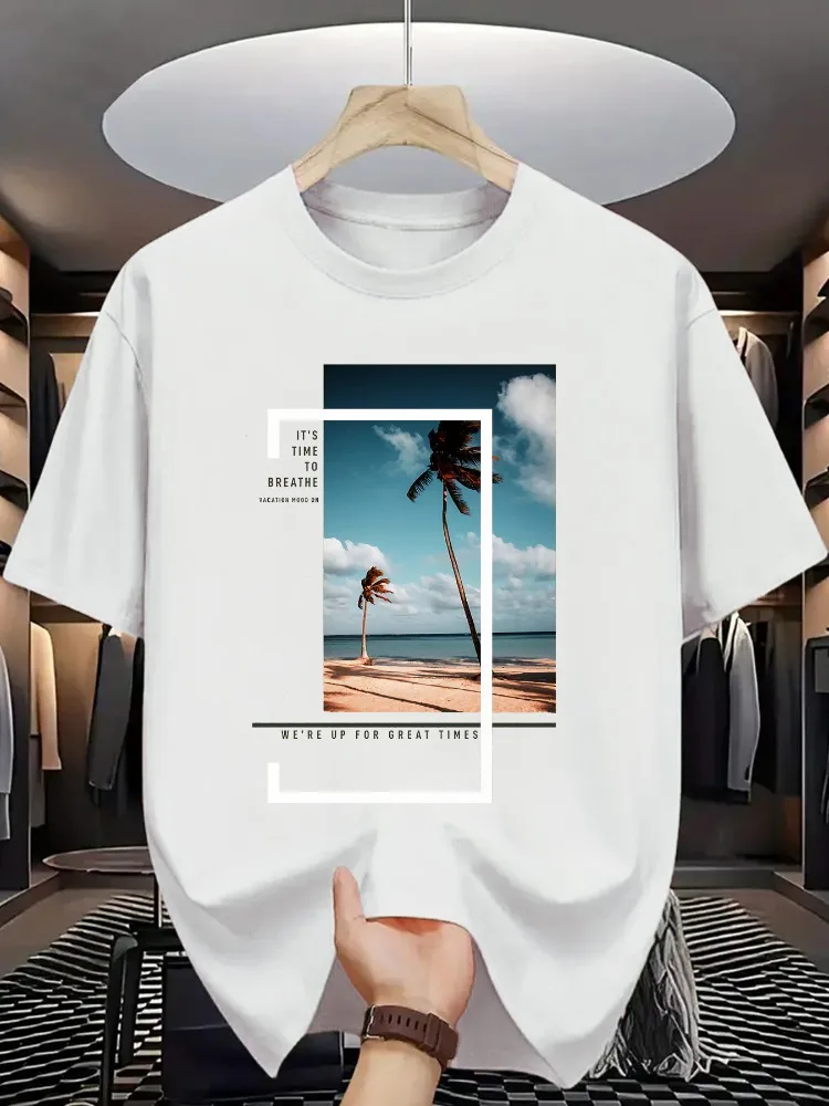 Men Summer Cotton Short Sleeve T Shirt Beach Palm Tree Frame Print It S Time To Breathe Vacation Crew Neck Casual Male Tee