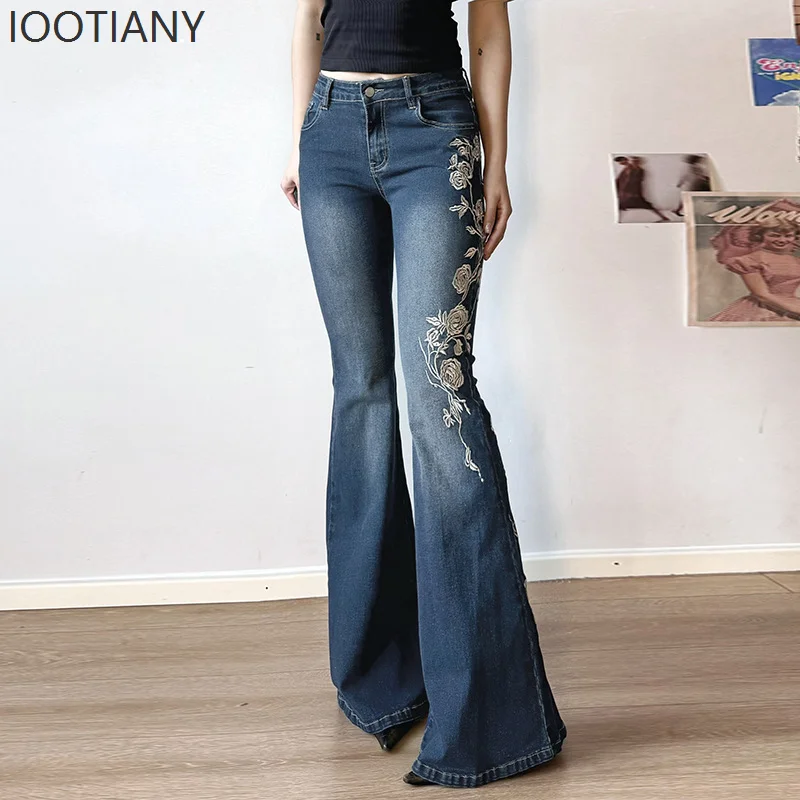 Y2k Women's Jeans Rose Embroidery Hot Girl Bell-bottom Pants Retro Gradient Low-waist Slim-fit Street Style Unique Trousers
