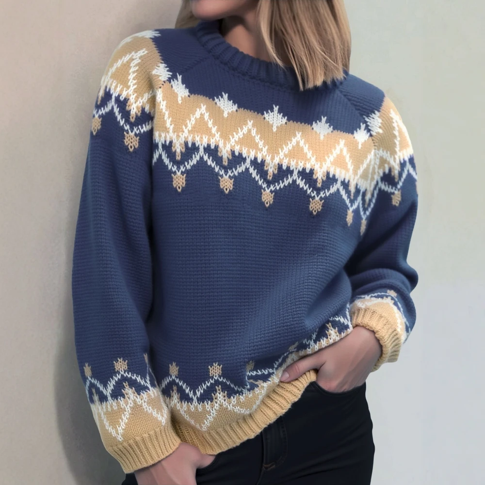 여성용 크리스마스 스웨터 2025 가을 겨울 긴 소매 O넥 루즈 따뜻한 컬러 블록 두꺼운 니트 자카드 스웨터