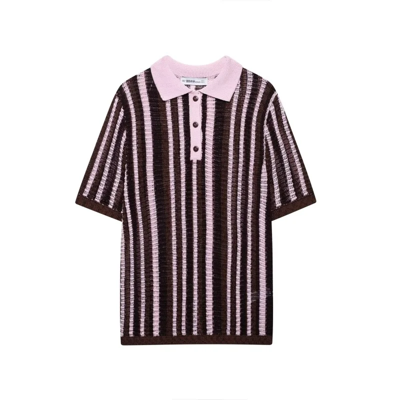 여성 빈티지 니트 스트라이프 반바지 세트 폴로 칼라 반팔 풀오버 스웨터 하이 웨이스트 스트레이트 반바지 여름 streetwear