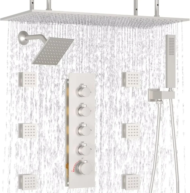 rainfall Ceiling showerhead thermostatic bathroom shower system set with 6''  6pcs Body Jets