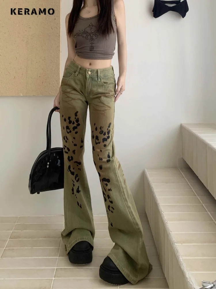 Harajuku Sheath High Waist Flared Jeans 2024 Summer Female Retro Y2K Pants Women's Vintage Slim Fit Printting Denim Trouser