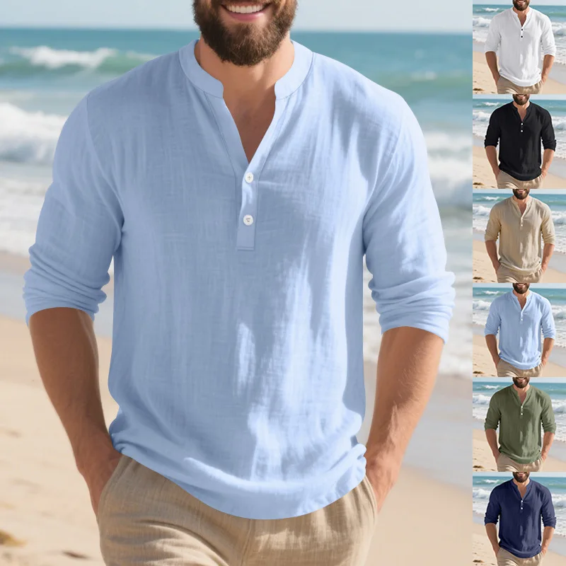 Spring And Autumn Men's Casual Linen Shirt Stand-Up Neck Henry Shirt Long Sleeve T-Shirt Men's