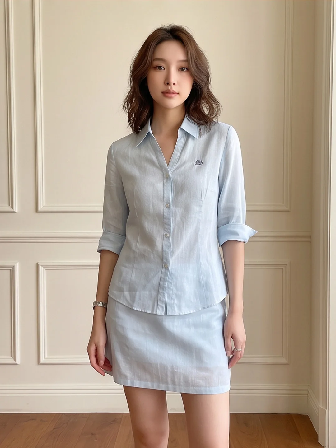 Ice Blue Shirt And Skirt Set Women's Summer 2026 Commute Slimming Two-Piece Suit Casual Style Polyester Fiber Seven Sleeve Le...