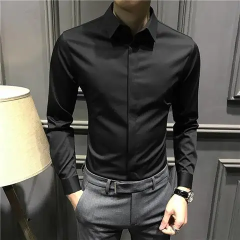 

2024 Men Spring Autumn Fashion Solid Color Casual Blouses Men Long Sleeve Business Shirts Male Turn-Down Collar Slim Shirts H658