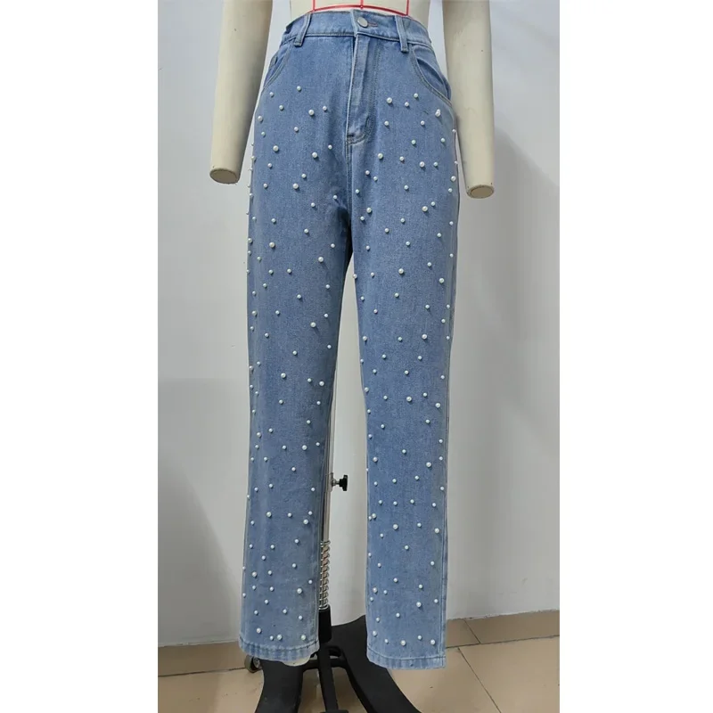 Vintage Pearl Beaded Jeans Women's Autumn New Streetwear Washed Denim Pants High Waist Loose Straight Long Trousers