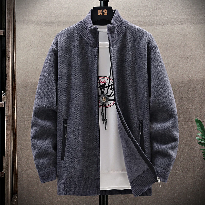 

Новые мужские зимние кардиганы, толстый флис, теплый кардиган, свитера, повседневный кардиган с воротником-стойкой, кардиганы на молнии с карманами на молнии, однотонный трикотаж