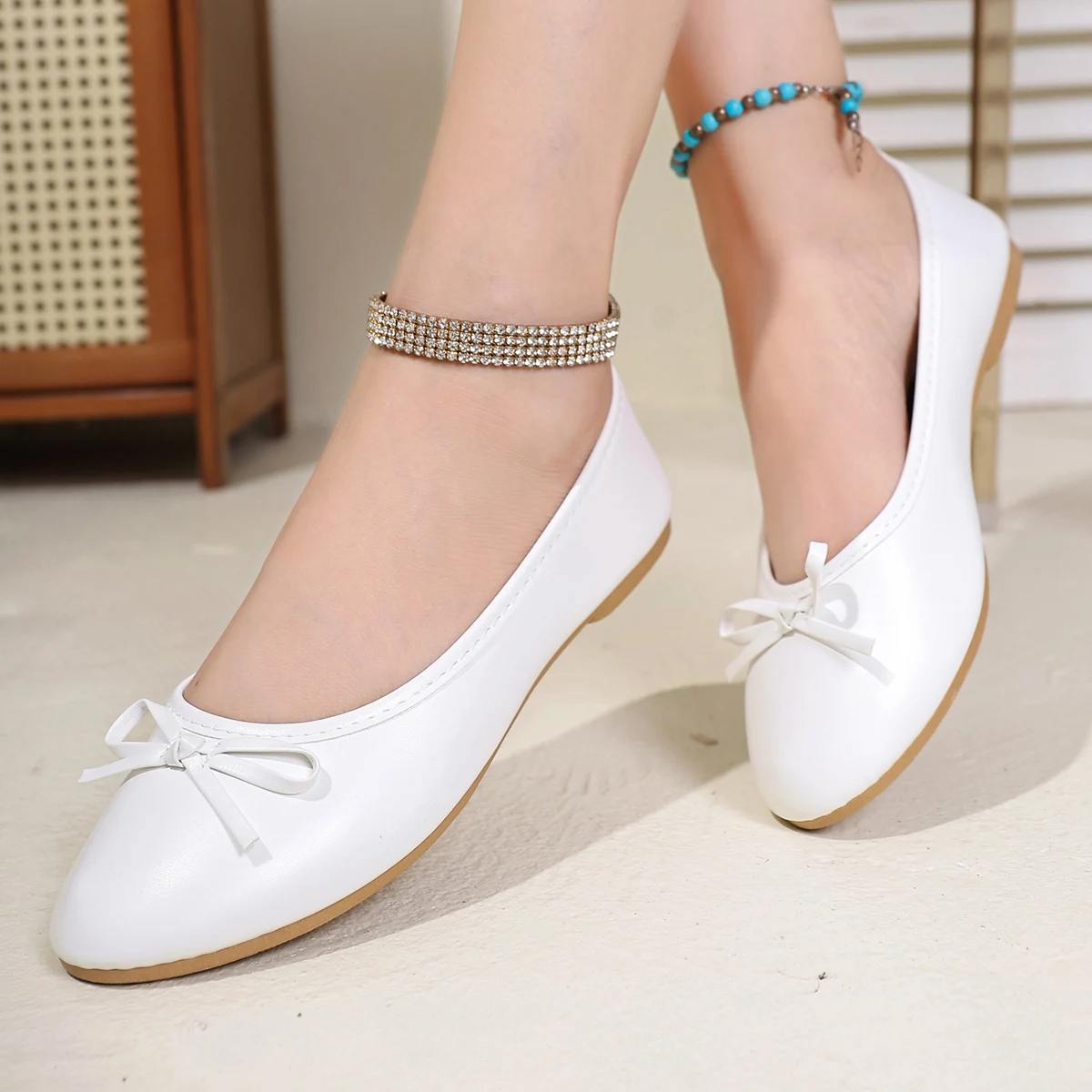 Women's Elegant White Ballet Flats Spring Summer New Versatile Low Top Comfort Soft Lightweight Bow Detail Slip On Work Shoes