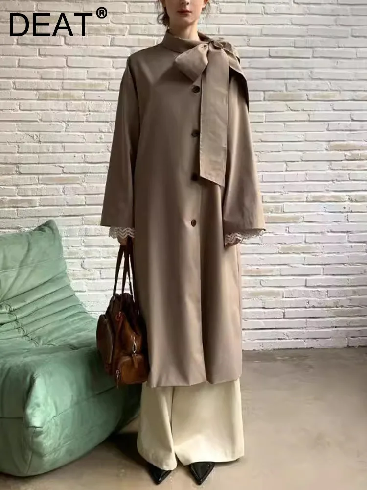 

DEAT Women's Casual Coat Bowknot O-neck Single-breasted Pockets Solid Color Loose Female Trench 2024 Autumn New Fashion 35Z1008