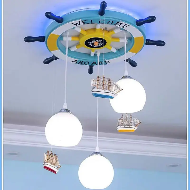 Modern Led Chandelier Light Children's Gaming Room Bedroom Study Kids Blue Cartoon Pirate Boat Ceiling Lamp Decor Light Fixtures
