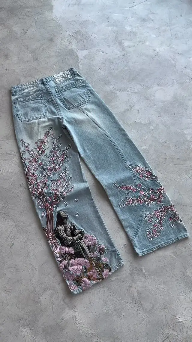

Unisex Cherry Blossom Knight All-Embroidered Y2k Vintage Baggy Straight Jeans Washed Blue Denim Pants for Men And Women