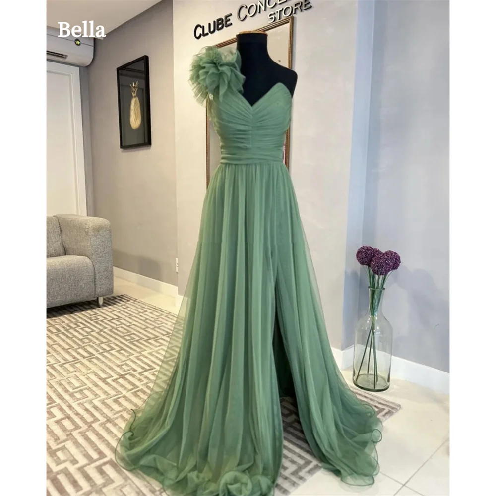 

Bella Green Tulle Prom Dresses 3D Flower One Shoulder A-line Wedding Dress Elegant Sleeveless Side High Split Vestidos De Fiesta