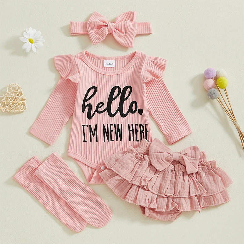 

Adorable Baby Girls 4-Piece Set with Letter Print Romper Ruffles Layered Skorts Headband and Socks for a Cute Look