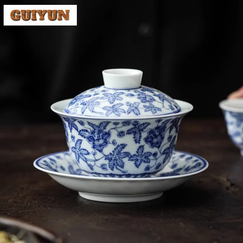 

165ml Blue And White Okra Gaiwan Traditional Tea Tureen Tea Bowl With Lid Kit Tea Maker Cover Bowl Tea Services Collection Gift
