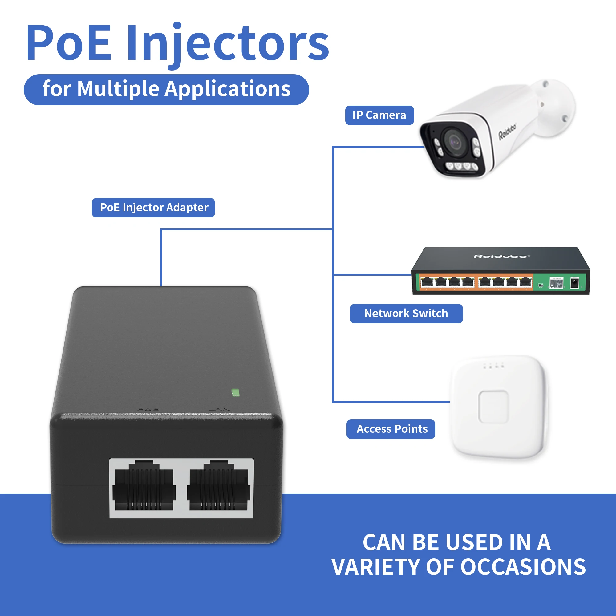 อะแดปเตอร์หัวฉีด Gigabit POE 30W, IEEE 802.3 af/AT ตามมาตรฐาน, แปลง Non-PoE เป็น PoE + เครือข่าย, RJ45 10/100/1000Mbps, ปลั๊ก & เล่น