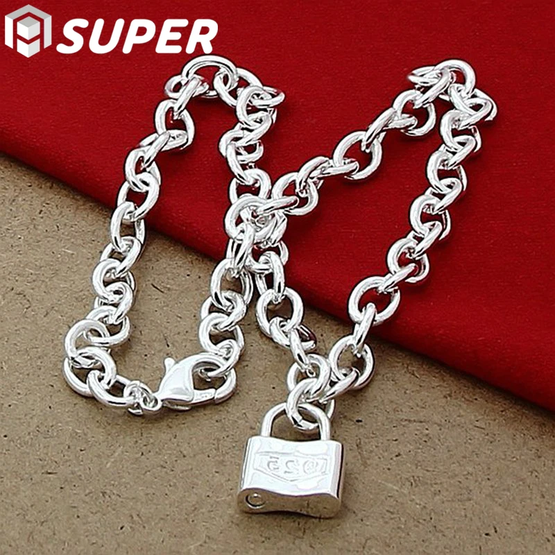 925 Sterling Silver Square Lock Pendant Necklaces 18 Inches Chain For Women Lovers Wedding Party Jewelry