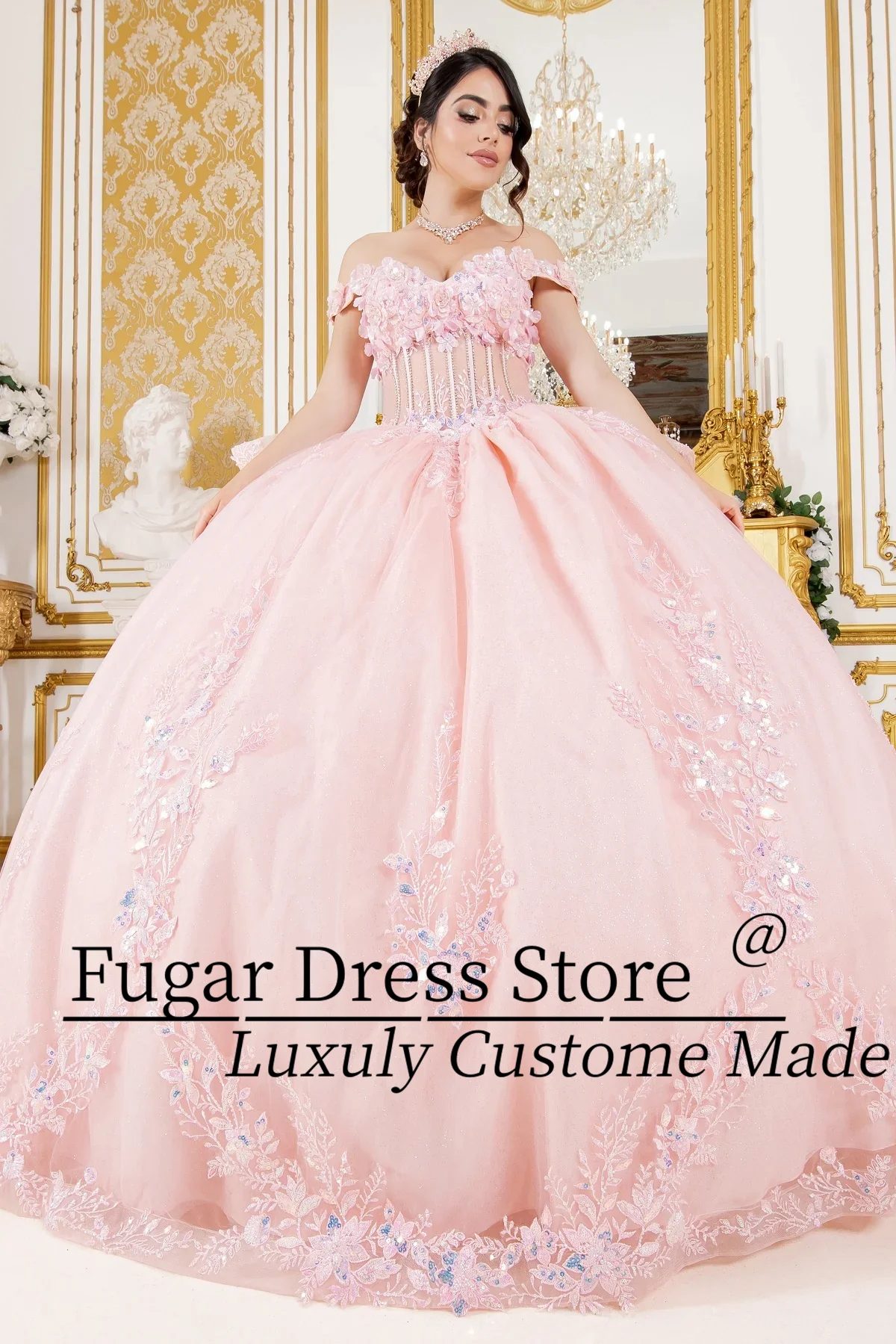 

French style Pink Quinceanera Dresses 3 dimensional flower stickers and beaded lace Detachable rear ribbon vestidos para niña