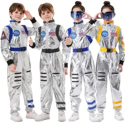 24H Shipping Kids Astronaut Costume Silver Astronaut Cosplay Disguise Children Jumpsuit Spaceman Outfits Hallowee Carnival Suit