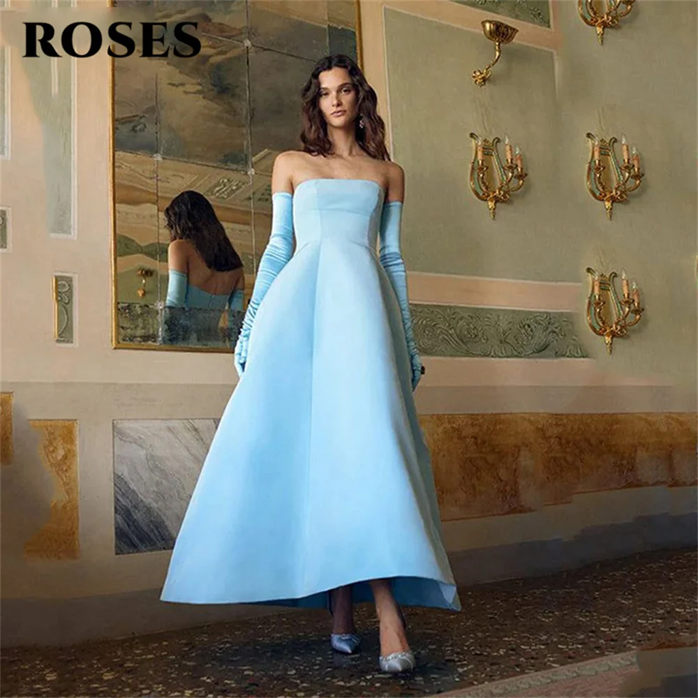 

ROSES Ankle Length Prom Dress Light Sky Blue Strapless Celebrity Dresses Stain Women's Evening Dress A Line Formal Gown 프롬 드레스