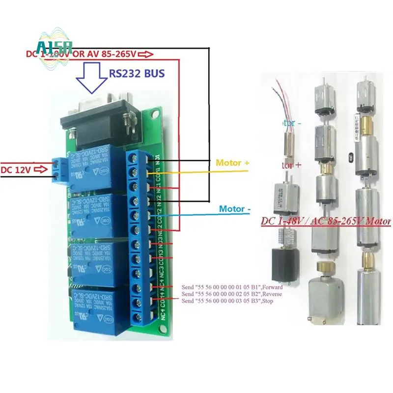 A15R -DC 12V 4 Channel RS232 Relay Board PC USB DB9 Interface Relay Module Serial Port Remote Control Switch For Motor Garage